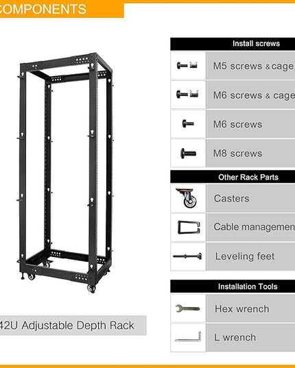 RIVECO 19” Adjustable Depth 42U Server Rack 4 Post Rack with Load-Bearing Casters Support Up to 1700LBS for Networking Equipment Black