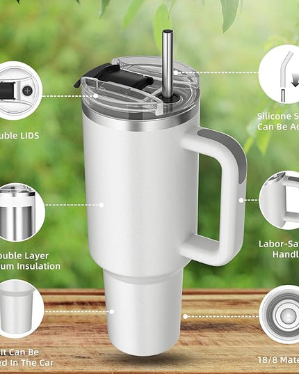 40 oz tumbler with handle and straw,Double Wall Vacuum Reusable Stainless Steel Insulated Water Bottle,With Leak Proof lid and Straw for Iced or Cold Beverages (White)