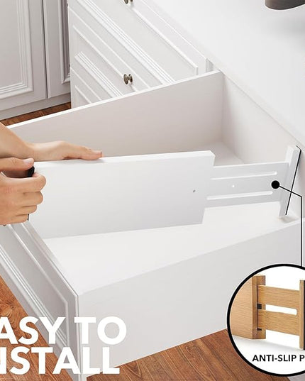 SpaceAid Bamboo 4 Pack Dresser Drawer Dividers, 4.65“ High Adjustable 12.5“-17” Drawer Organizers, Expandable Organization for Clothing, Clothes, Dressers, White