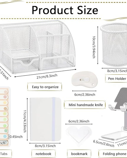 Office Supplies,Desk Accessories,Stapler and Tape Dispenser Set,1000 Staples,Staple Remover,Pen Holder,Folding Phone Holder,Journal Notebook,Ballpoint Pen,Scissor,Ruler,Clear Tape,Sticky Notes,Ect