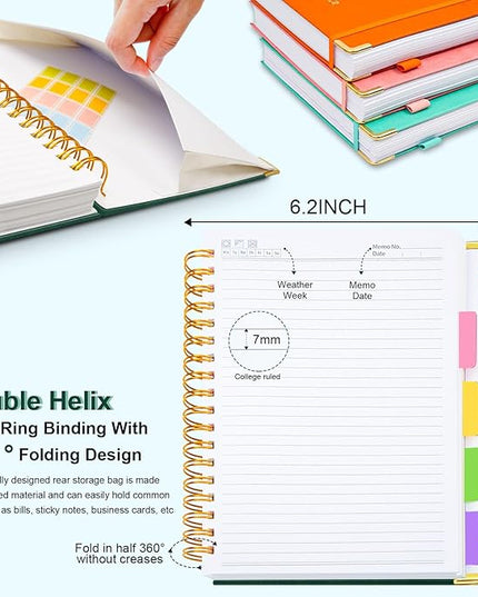 Hardcover Spiral Notebook 6.2"x 8.2" Journal Notebook with Tabs and Removable Dividers 300 Pages 5 Subject Notebook College Ruled, Faux Leather Spiral Bound Notebook for Women School Work(Green)