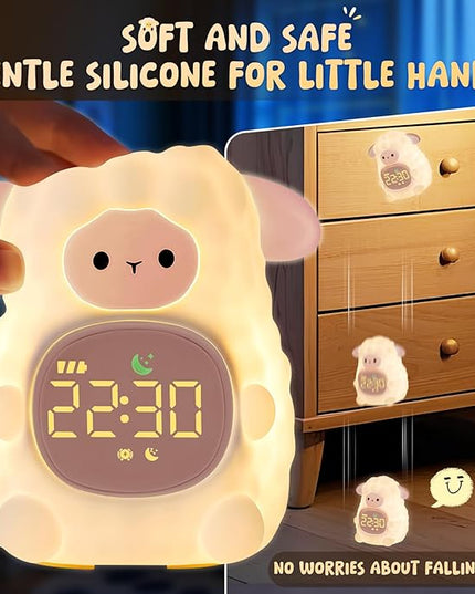 Sheep Alarm Clock with Night Light for Kids with Sleep Training and Sound Machine, Rechargeable Silicone Lamp OK to Wake Clock，Cute Animal Tabletop Lamp, Perfect Sleep Companion for Boys Girls, Pink