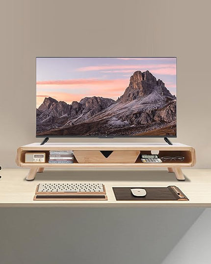 2-Tier Bamboo Monitor Stand Riser with Drawer, 24''L x 8''W x 4.5''H, Computer Monitor Riser Shelf for Desk for Laptop, Printer & Speaker, No Assembly Required, 110lbs Load Capacity