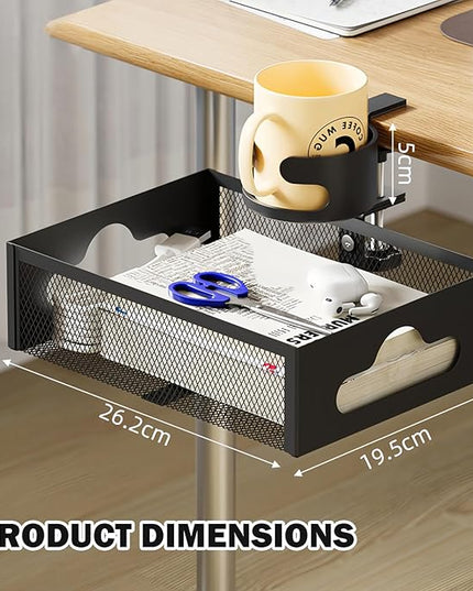 Cup Holder Under Desk Drawer 360° Swivel C-clamp Mounting Mesh Storage Box Spill-proof Easy Install Table Management Tray