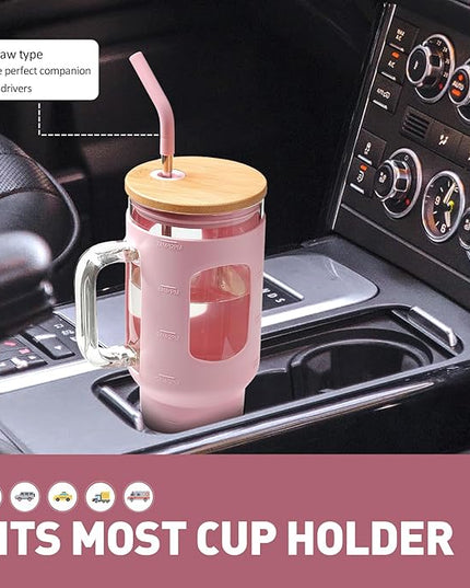 Glass Tumbler with Straw and Lid, 40 oz glass cup with handle, Glass Water Bottles with Time Marker, Silicone Protective Sleeve-Pink