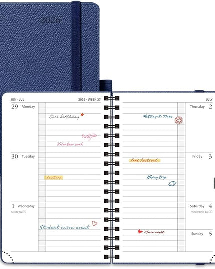 POPRUN 2026 Pocket Planner, (Small Size-4'' x 6.25'') - Daily Weekly and Monthly Calendar Agenda 2026 Appointment Book with Monthly Tabs, Spiral Soft Cover, Inner Pocket, 100 GSM - Navy Blue