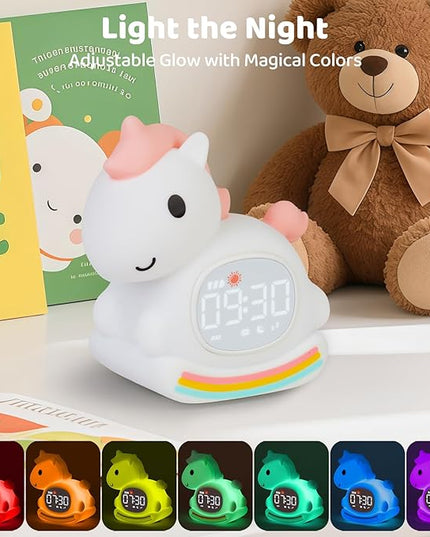 Alarm Clock with Night Light for Kids with Sleep Training and Sound Machine, Rechargeable Silicone Lamp OK to Wake Clock，Cute Animal Tabletop Lamp, Perfect Sleep Companion for Boys Girls,Pink Pony