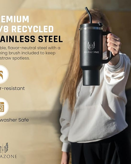 40 oz Insulated Tumbler with Handle and Straw – Stainless Steel Double Wall Vacuum Cup Fits Car Cup Holder, Hot Cold Travel Mug, BPA Free Reusable Water Bottle for Men Women - Midnight Black