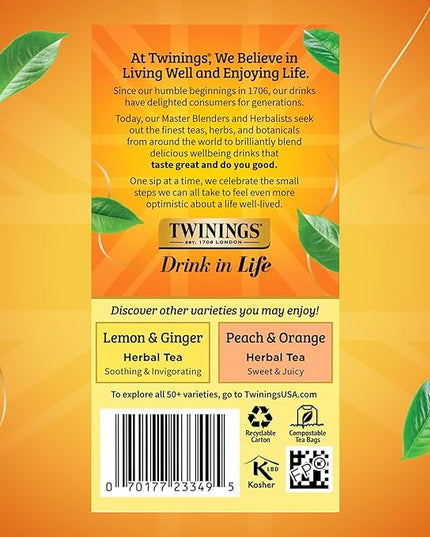 Twinings Mango & Pineapple Herbal Tea Individually Wrapped Bags, 20 Count (Pack of 2), Naturally Caffeine-Free, Enjoy Hot or Iced, 20 Teabags