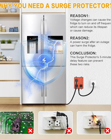 Refrigerator Surge Protector, 3-Outlet 120V for Home Appliance Surge Protector, Time Delay, LED Indicator Light & 110dB Alarm, Protects Against Voltage Abnormalities, Brownout, Spike, Instant Surge