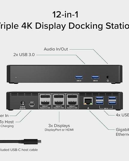 Plugable 12-in-1 USB C Triple Monitor Docking Station, Triple 4K Displays with 3X HDMI or 3X DisplayPort, Compatible with Mac, Windows, Thunderbolt, USB4, USB-C (100W PD, 6X USB Ports, Ethernet)