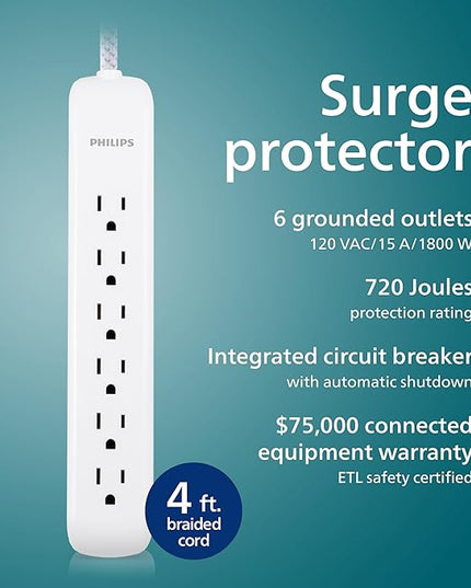 Philips 6 Outlet Surge Protector Power Strip, Designer Braided Power Cord, 4 Ft Power Cord, Flat Plug Extension Cord, Perfect for Office or Home Décor, 720 Joules, ETL Listed, White, SPC3064WE/37