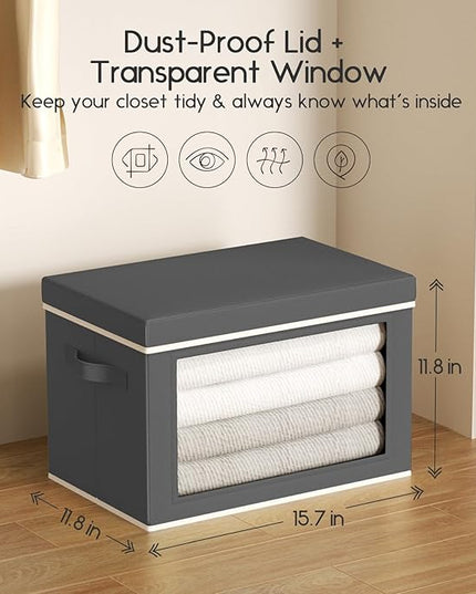 Collapsible Storage Bins with Lids - Stackable Storage Boxes with Window, 15.7 Inch Fabric Organizing Bins for Closet, Home & Office Organization Baskets, Dark Grey, 3 Pack