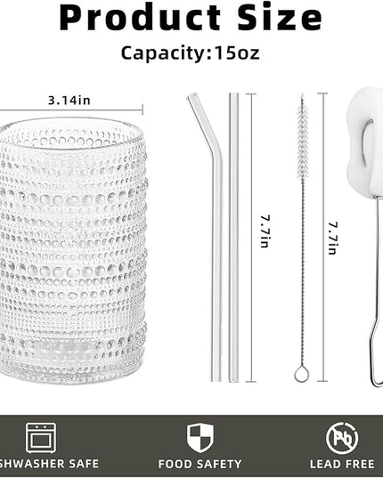 15 oz Clear Hobnail Drinking Glasses with Straws Set of 6, Vintage Glassware Old Fashioned Beverage Glasses, Cocktail Drinking Glassware Set, Kitchen Water Glasses Cup, for Beer, Smoothie, Juice