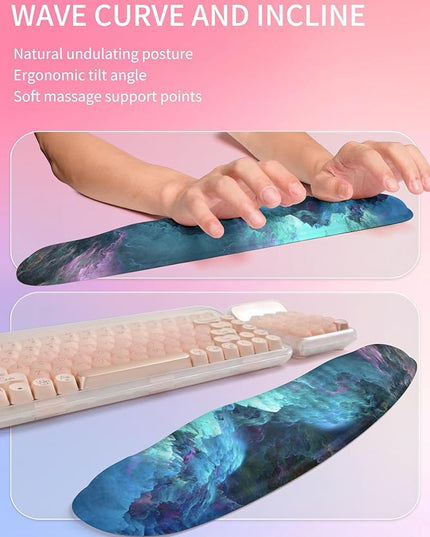 Hokafenle 2in1 Combination, Wave Keyboard Wrist Rest and Ergonomic Curvature Mouse Pad Wrist Support for Relieve Wrist Pain, Filled with Soft Cushion Memory Foam, Nebula Dreamland