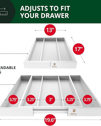 ROYAL CRAFT WOOD Luxury Bamboo Kitchen Drawer Organizer - Silverware Organizer - Utensil Holder and Cutlery Tray with Grooved Drawer Dividers for Flatware and Kitchen Utensils (5 Slot, White)