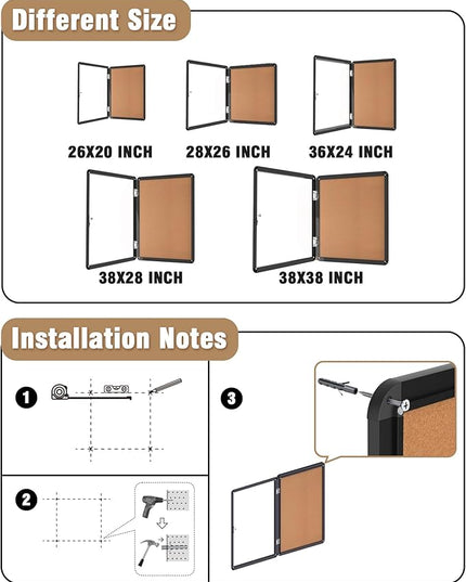 Mifuro 26"x20" Enclosed Bulletin Board, Lockable Weather-Resistant Aluminum Cork Noticeboard for School & Office, Black Frame w/Cork