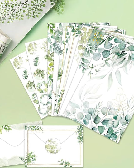 160 Pcs Stationery Paper Envelopes Set Includes 50 Writing Paper & 50 Envelopes with 60 Colorful Round Dot Stickers, Cute Vintage Tree Leaf Letter Writing Stationery Paper Envelopes(10Style)