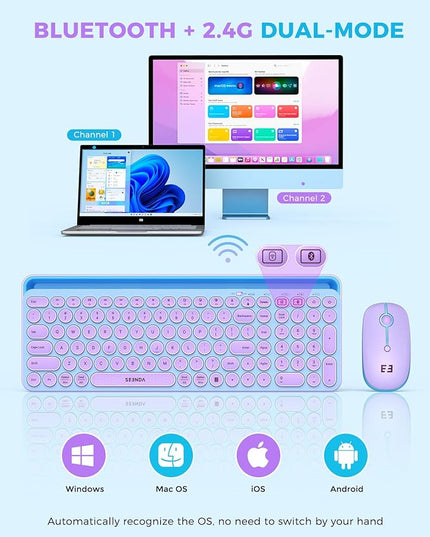 seenda Bluetooth Keyboard and Mouse for iPad, CTU-301 Wireless Multi-Device Connection Bluetooth+2.4G Keyboard Mouse Combo with Tablet Holder for iPad/Macbook/Windows, iOS/Andriod/Phone, Blue & Purple