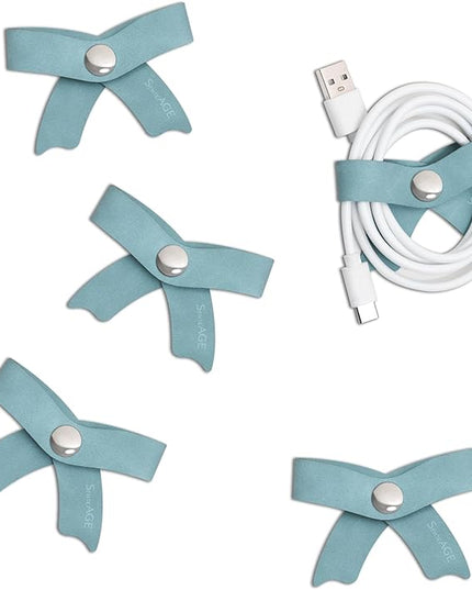 SenseAGE 5 Pack Cord Organizer, Bow Cord Keeper, Cable Organizer USB Holder, Leather Cable Management, Cable Straps, Earphone Winder, Storage Straps for Electronics, Earbuds (Baby Blue, Big)
