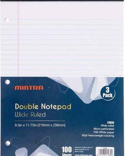 Mintra Office Legal Pads (Double Pad 3pk (White), 8.5in x 11in (Wide Ruled))