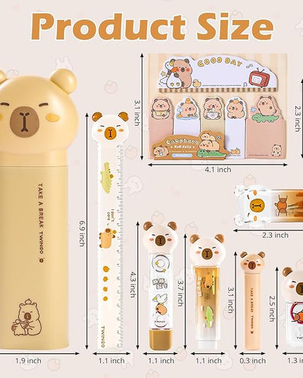 9 Pcs Cute Capybara Stationary Set Kawaii School Supplies Japanese Stationery, Includes Pencil Sharpener, Eraser, Correction Tape, Glue Tape, Sticky Notes, Ruler, Scissors for Office School Supplies