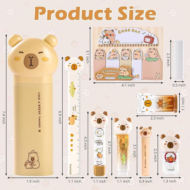 9 Pcs Cute Capybara Stationary Set Kawaii School Supplies Japanese Stationery, Includes Pencil Sharpener, Eraser, Correction Tape, Glue Tape, Sticky Notes, Ruler, Scissors for Office School Supplies