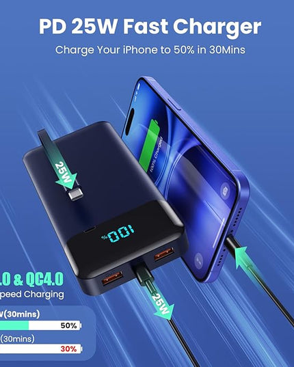 Portable Charger 40800mAh Power Bank with 3 Built-in Cable,PD 25W USB C in&Out Power Bank Fast Phone Charging,QC4.0 5 Output Travel Camping Essential Battery Pack for iPhone 17/16,Samsung Android-Navy