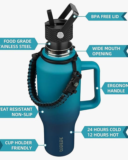 BJPKPK Insulated Water Bottles with Straw Lid, 40oz Metal Water Bottle with 2 lids & Paracord Strap, Double Wall Stainless Steel Tumbler with Handle, Reusable Cups, Mugs, Thermo, Sea