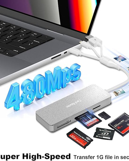 Memory Stick Pro Duo Reader for Lexar/Sony/Fuji - 5in3 Aluminum OTG Adapter for Memory Stick Pro Duo/XD/Compact Flash/SD/Micro SD Cards, Lightning USB C USB A Multi Card Reader for Camera/GoPro/Drone