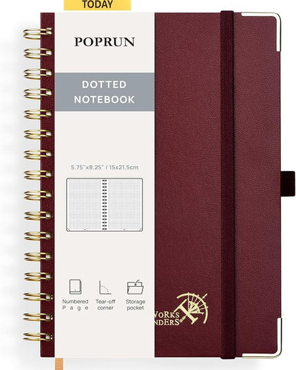 POPRUN Spiral Dotted Journal Notebook, [A5-5.75'' x 8.25''] - 120 GSM Thick Paper, 141 Numbered Pages, Hardcover for Men & Women with Pocket, Index Tabs, 8 Perforated Sheets, Burgundy