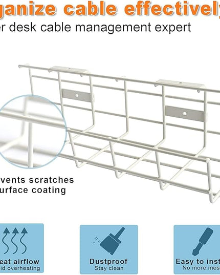 Under Desk Cable Tray - 2 Pack Cable Raceway for Wire Management. Metal Wire Organizer for Office, Studio and Home. Super Sturdy Cord Organizer for Desk - White Cable Management Under Desks