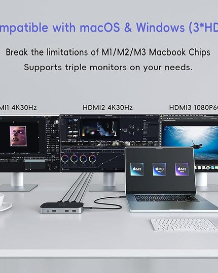 3 HDMI Triple USB C Docking Station, PULWTOP Laptop Docking Station Dual 4K Display for MacBook M1/M2/M3/Windows, Universal USB C Dock with Power Adapter, PD, 10Gbps USBC/A Data,2 USB-A 2.0, Ethernet