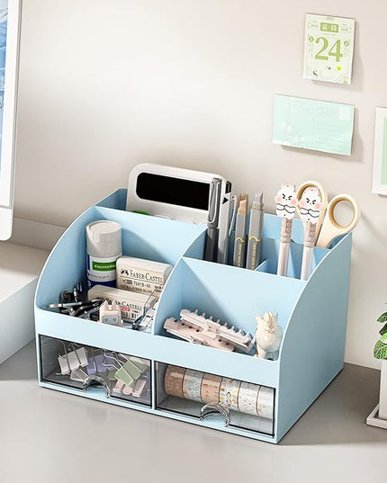 Desk Organizer with 6 Compartments and 2 Drawers, Plastic Makeup Organizer, Pen Holder for Desktop Storage, Desk Organization for School, Home, Office Supplies (Blue)