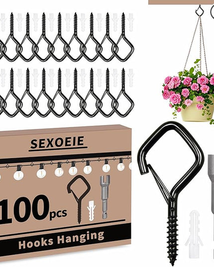 100 PCS Black Eye Screw Hooks for Hanging Heavy Duty with Safety Buckle.Metal Ceiling Hooks for Hanging Plants Cup Wind Chime Bird Feeders Patio Lights at Indoor&Outdoor