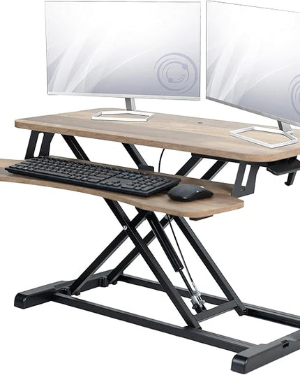 VIVO 32 inch Desk Converter, K Series, Height Adjustable Sit to Stand Riser, Dual Monitor and Laptop Workstation with Wide Keyboard Tray, Reclaimed Wood Top, Black Frame, DESK-V000KP