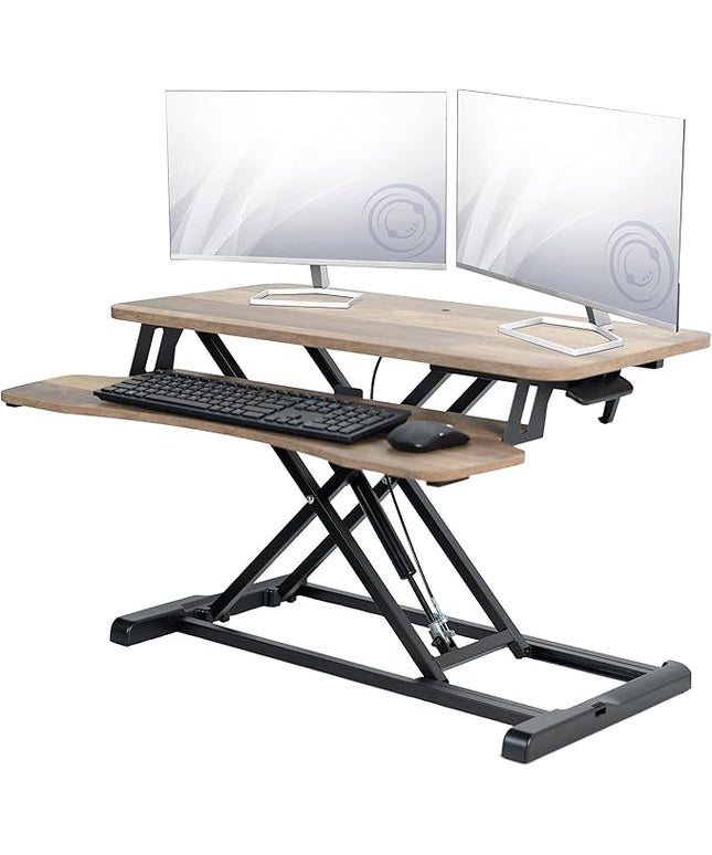 VIVO 32 inch Desk Converter, K Series, Height Adjustable Sit to Stand Riser, Dual Monitor and Laptop Workstation with Wide Keyboard Tray, Reclaimed Wood Top, Black Frame, DESK-V000KP