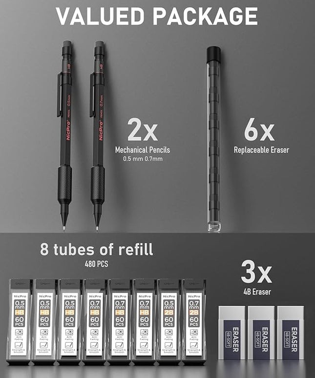 Nicpro 0.5 mm & 0.7 mm Mechanical Pencil Set with Case, MP2000 Metal Artist Mechanical Pencil With 6 Tube HB 2B Lead Refills, Eraser, Weatherproof Barrel for Outdoor Writing Drafting Sketching