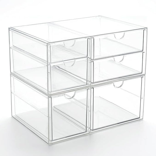 Prsildan Acrylic Drawer Makeup Organizer with 6 Drawers (Not for Baby Bottle), Set of 2 Office Desk Organizers Accessories, Clear Stackable Storage Drawers for Vanity, Craft (Largest Drawer 4" Tall)