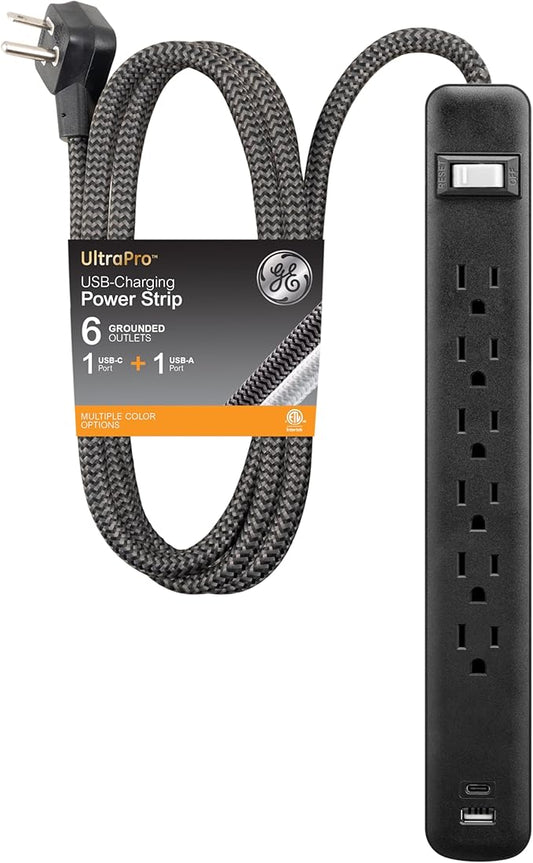 GE 6-Outlet Power Strip with USB, 1 USB-A, 1 USB-C, Outlet Extender, 6 Ft Braided Extension Cord, Flat Plug, Charging Station, Black, 82595