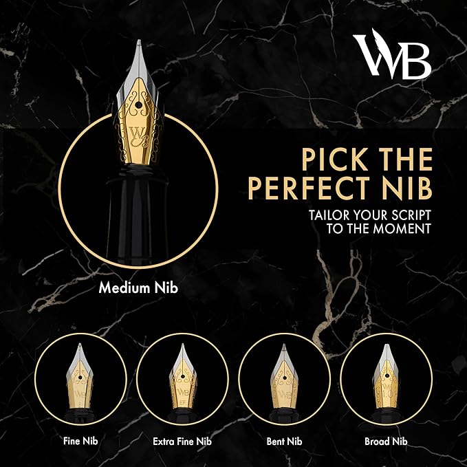 Wordsworth & Black Fountain Pen Set, 18K Gilded Medium Nib, Includes 24 Pack Ink Cartridges, Ink Refill Converter & Gift Box, Gold Finish, Calligraphy, [White Gold], Perfect for Men & Women
