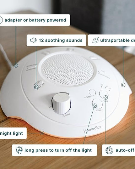 Homedics Sleep Better Portable Sound Machine, Night Light,12 Soothing Sounds Including White Noise, Rain, and Thunderstorm, Ultra-Portable Design, Auto-Off Timer, Ideal for Travel & Baby Sleep