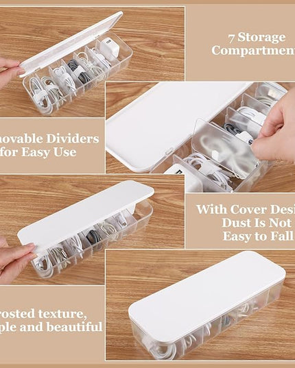 Cable Organizer Box with Lid, 3 Pcs Cable Cord Storage Organizer Box with 21 Wire Ties 54 Cable Labels, 7 Compartments Charger Organizer for Office Drawer Desk Accessories Case