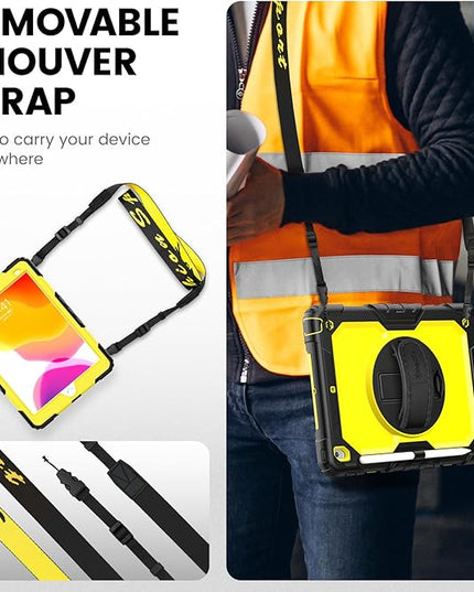 Timecity Case for iPad 9th/ 8th/ 7th Generation 10.2 inch - Heavy Duty Protective Cover with Screen Protector, Rotating Stand, Shoulder Strap & Pencil Holder | Kids-Friendly (Yellow)