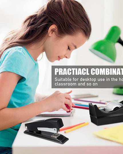 Thenshop 6 Pcs Desk Staplers Tape Dispensers Sets Black Staplers for Desktop Office with Standard Staples Black Holder with White Tape for Office School