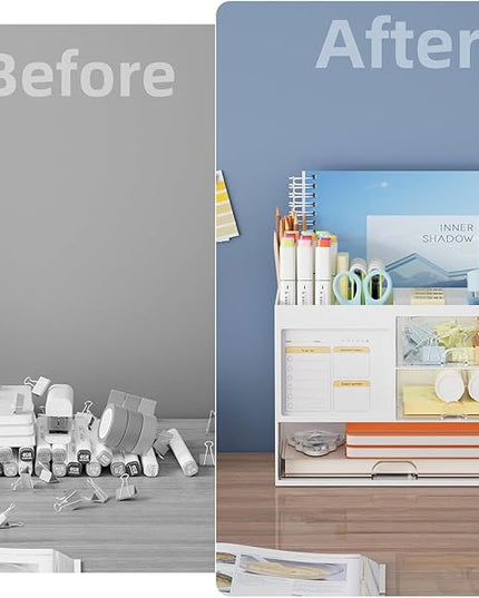 Marbrasse Desk Organizer with 3 Drawer, Multi-Functional Pencil Pen Holder for Desk, Desk Organizers and Accessories with 4 Compartments, Desktop Organizer Storage for Office Home Art Supplies (White)