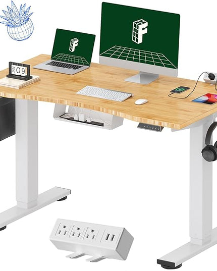FLEXISPOT EN2 Whole-Piece Bamboo Standing Desk with Clamp Power Strip, 48 x 24 Electric Stand Up Height Adjustable Desk with Cable Management (White Frame + 48" Bamboo Top, 2 Packages)