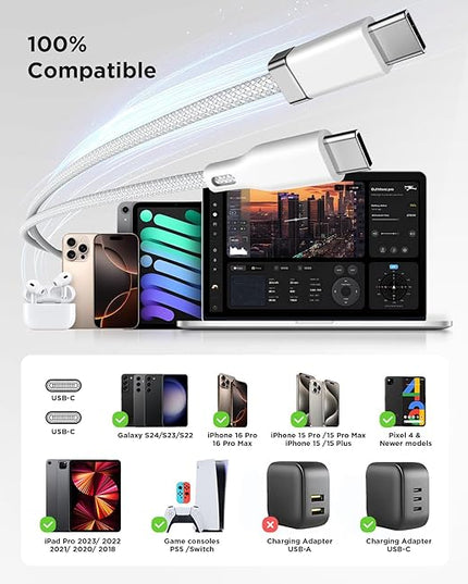USB C to C Cable StayCable with Organizer Magnetic Holder 5FT, 60W Fast Charging Braid Type-C Charger Data Cord, for iPhone 17/16/15 Laptop Car Desk Nightstand Cable Management Original Design