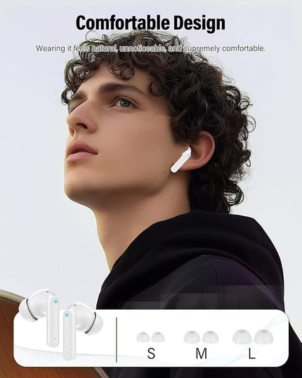 Wireless Earbuds, Bluetooth 5.4 Headphones Bass Stereo, Ear Buds with Noise Cancelling Mic, LED Display in Ear Earphones Clear Calls, IP7 Waterproof Bluetooth Earbuds for Laptop/Phones/Sports, White