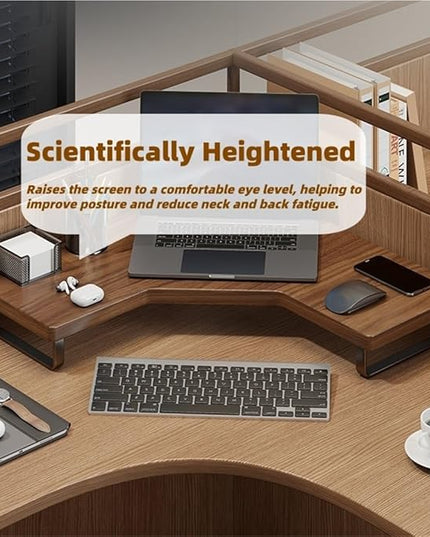 Corner Monitor Stand Riser, Wooden Triangular Computer Shelf, Space-Saving Desktop Organizer for L-Shaped & Corner Desks & Office Desk Accessories(Walnut,40x25x14cm)